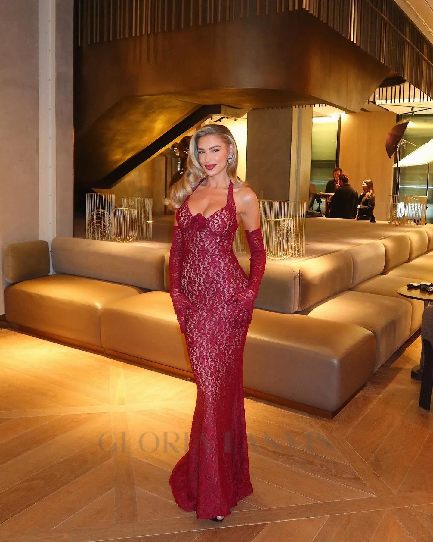 EARTHA HALTER FLORAL LACE MAXI DRESS IN BURGUNDY Gloria Lanvin