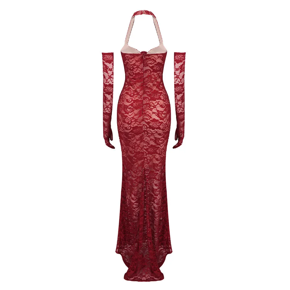 EARTHA HALTER FLORAL LACE MAXI DRESS IN BURGUNDY Gloria Lanvin