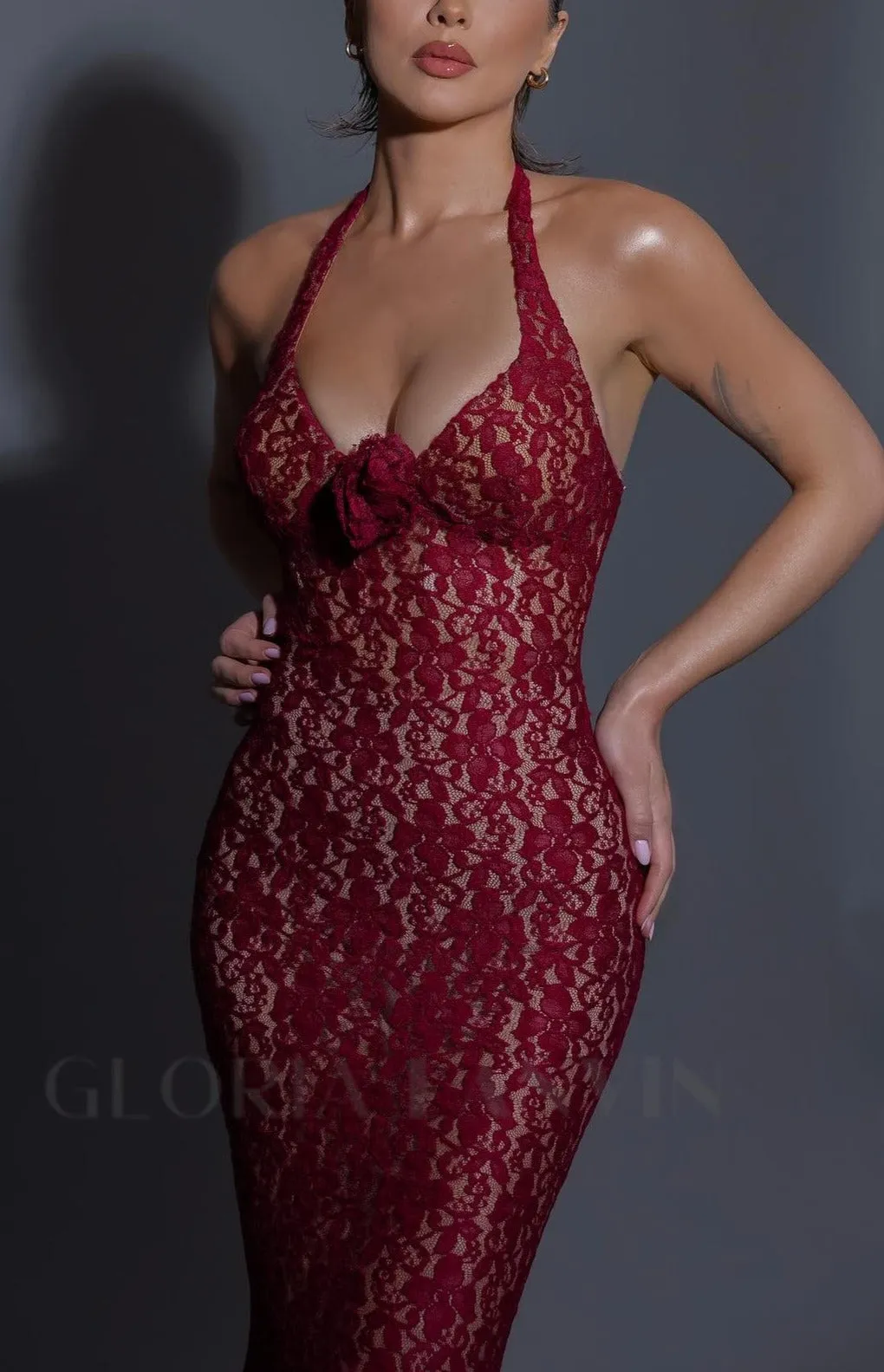 EARTHA HALTER FLORAL LACE MAXI DRESS IN BURGUNDY Gloria Lanvin