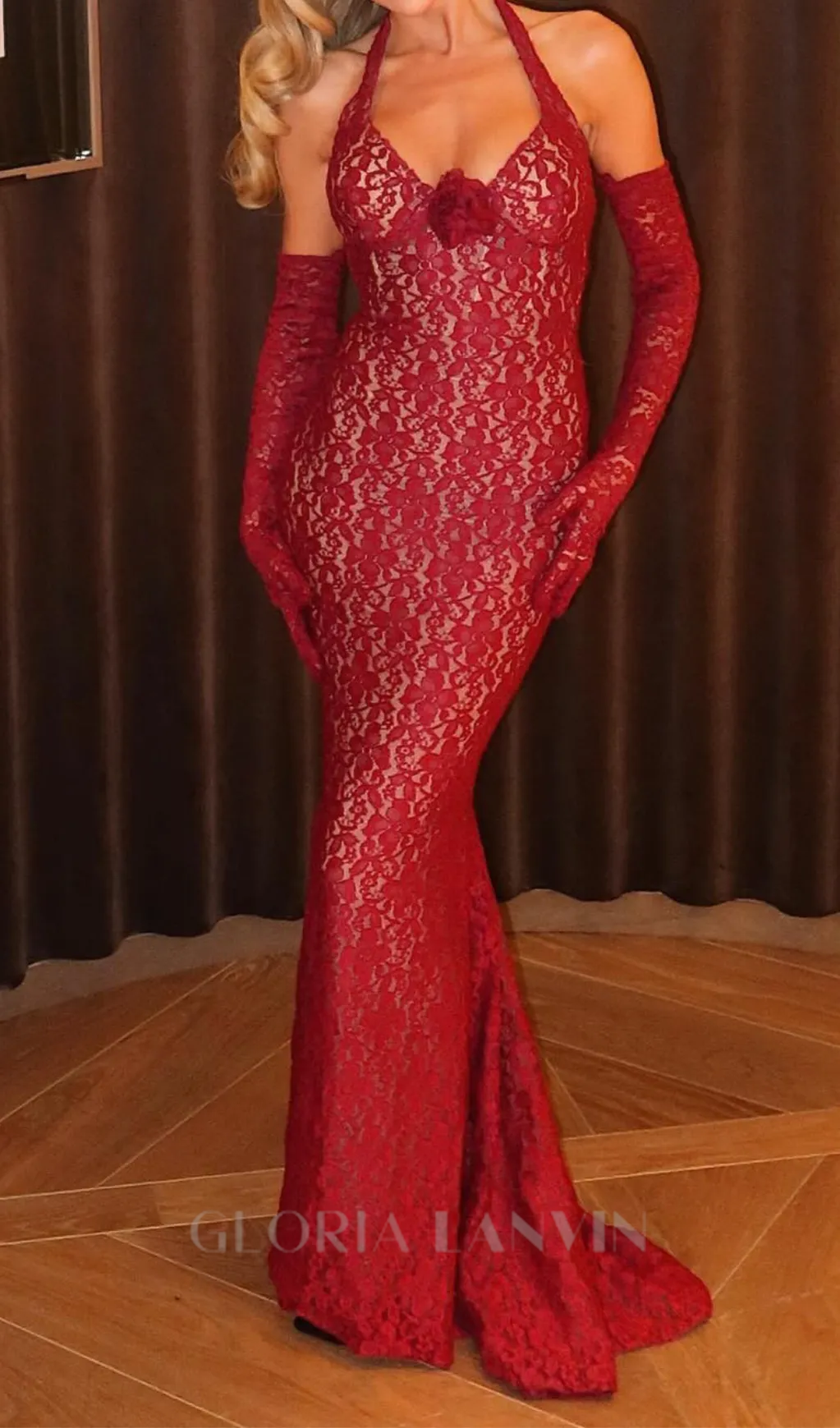 EARTHA HALTER FLORAL LACE MAXI DRESS IN BURGUNDY Gloria Lanvin