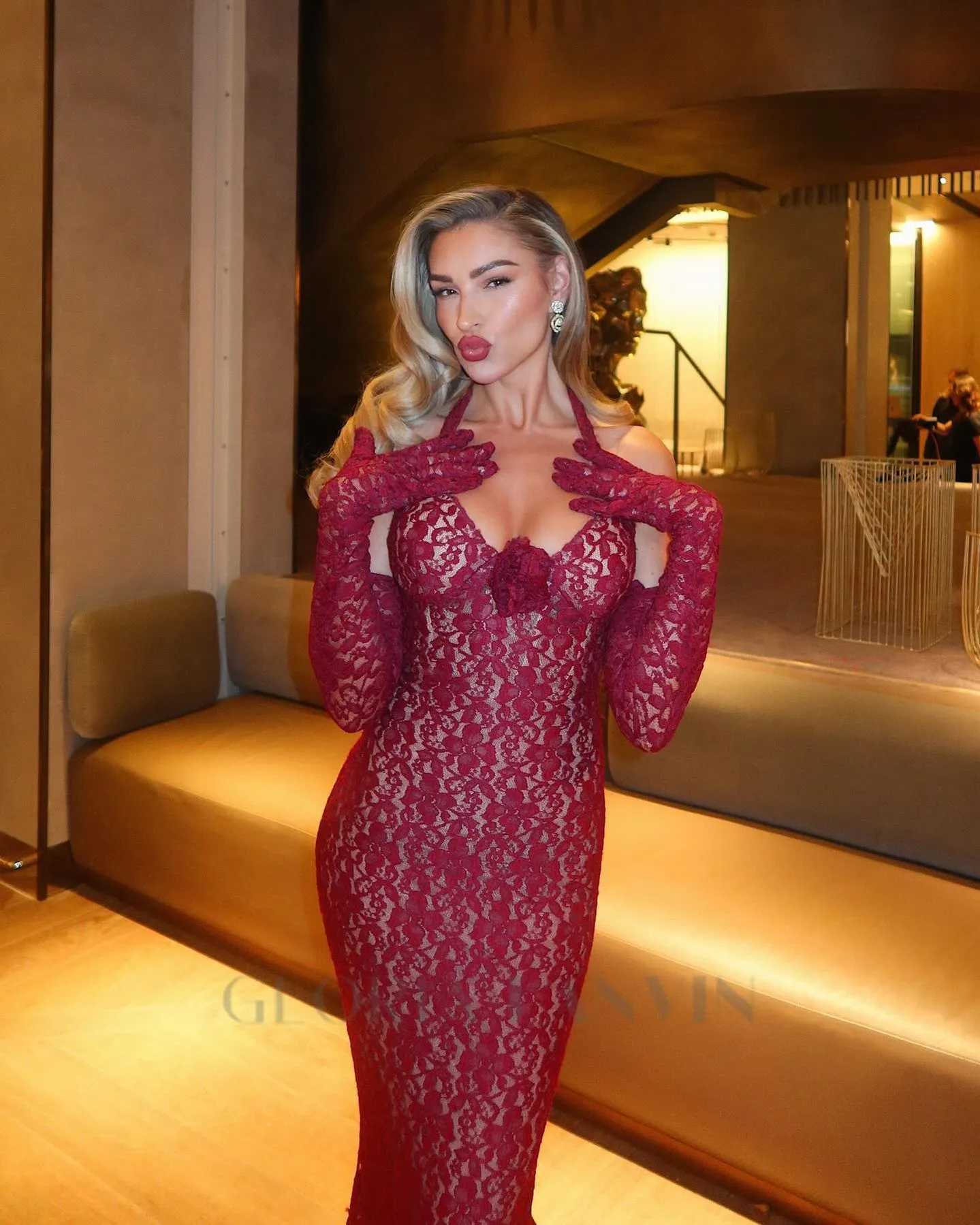 EARTHA HALTER FLORAL LACE MAXI DRESS IN BURGUNDY Gloria Lanvin