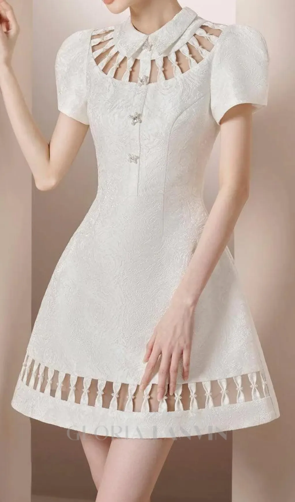 EARTHA WHITE PUFFY HOLLOW BROCADE MINI DRESS Gloria Lanvin