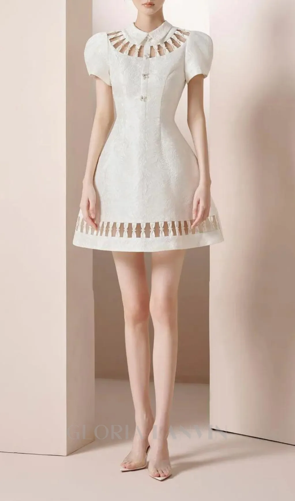 EARTHA WHITE PUFFY HOLLOW BROCADE MINI DRESS Gloria Lanvin