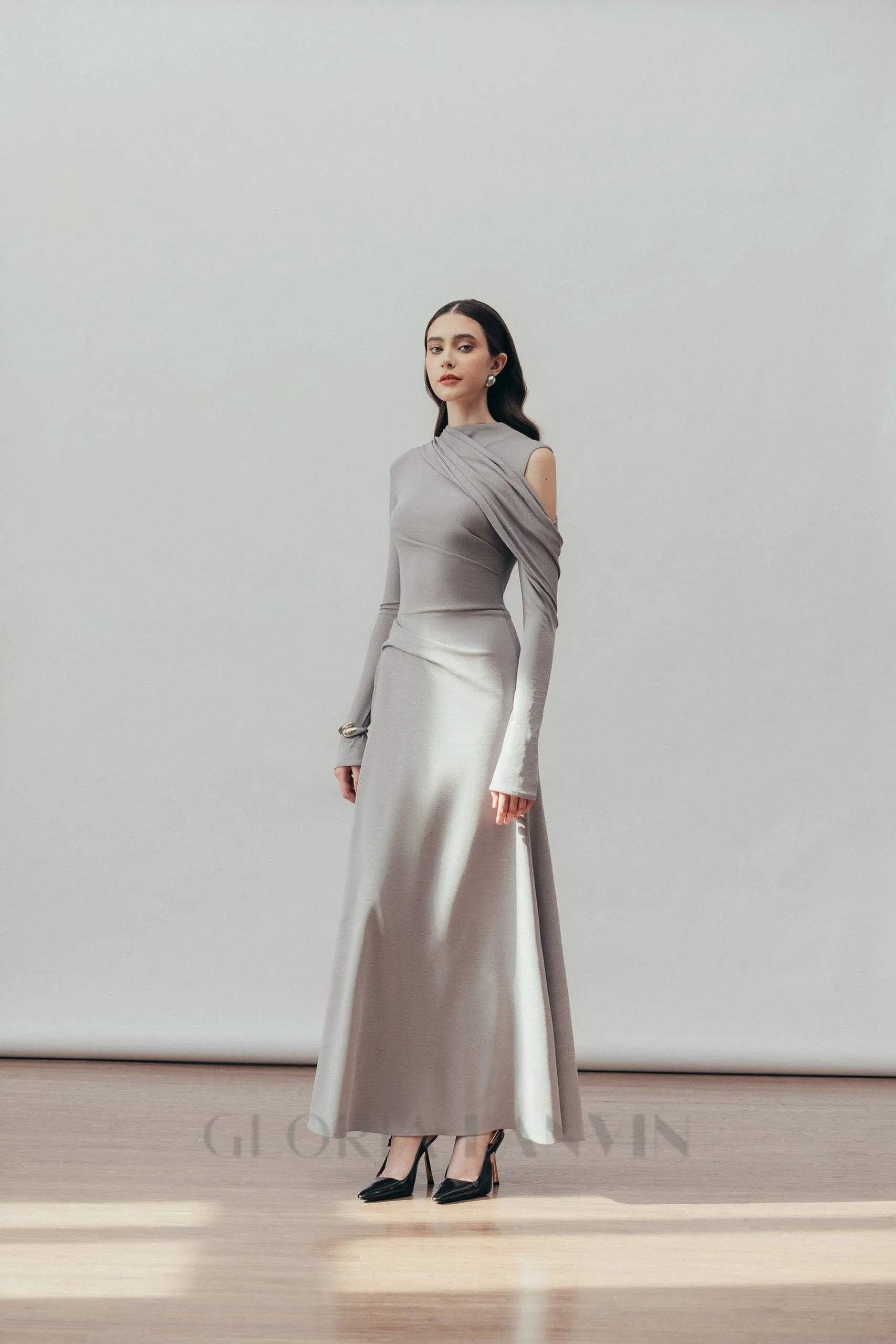 Eclipse Draped maxi Dress in Cloudy Gray Gloria Lanvin