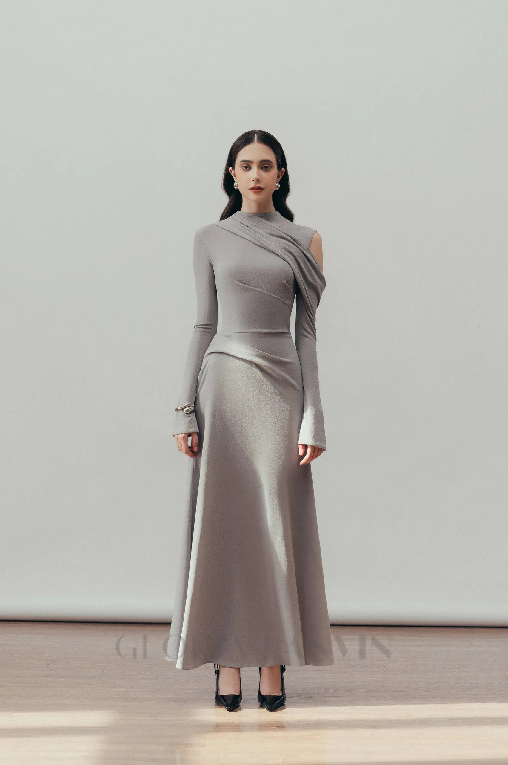 Eclipse Draped maxi Dress in Cloudy Gray Gloria Lanvin
