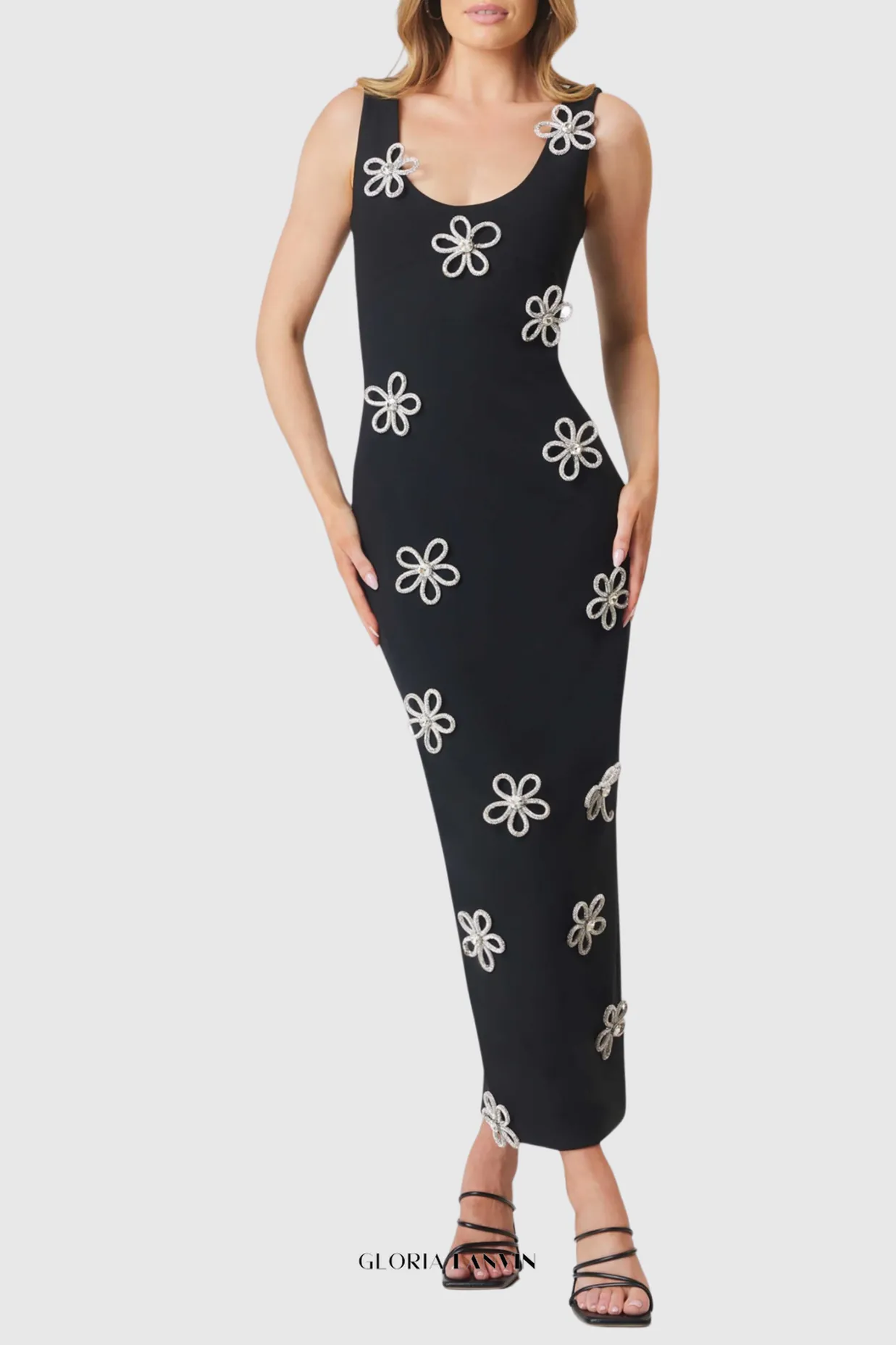 Edmark Flower Crystal Embellished Midi Bandage Dress Gloria Lanvin