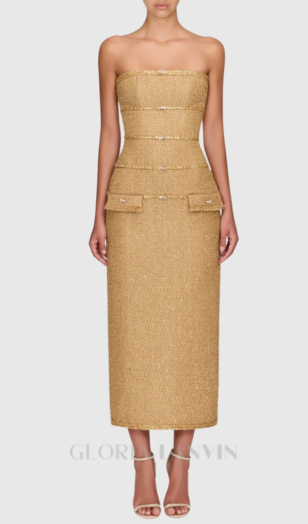 Elborno Gold Embellished Strapless Midi Dress Gloria Lanvin