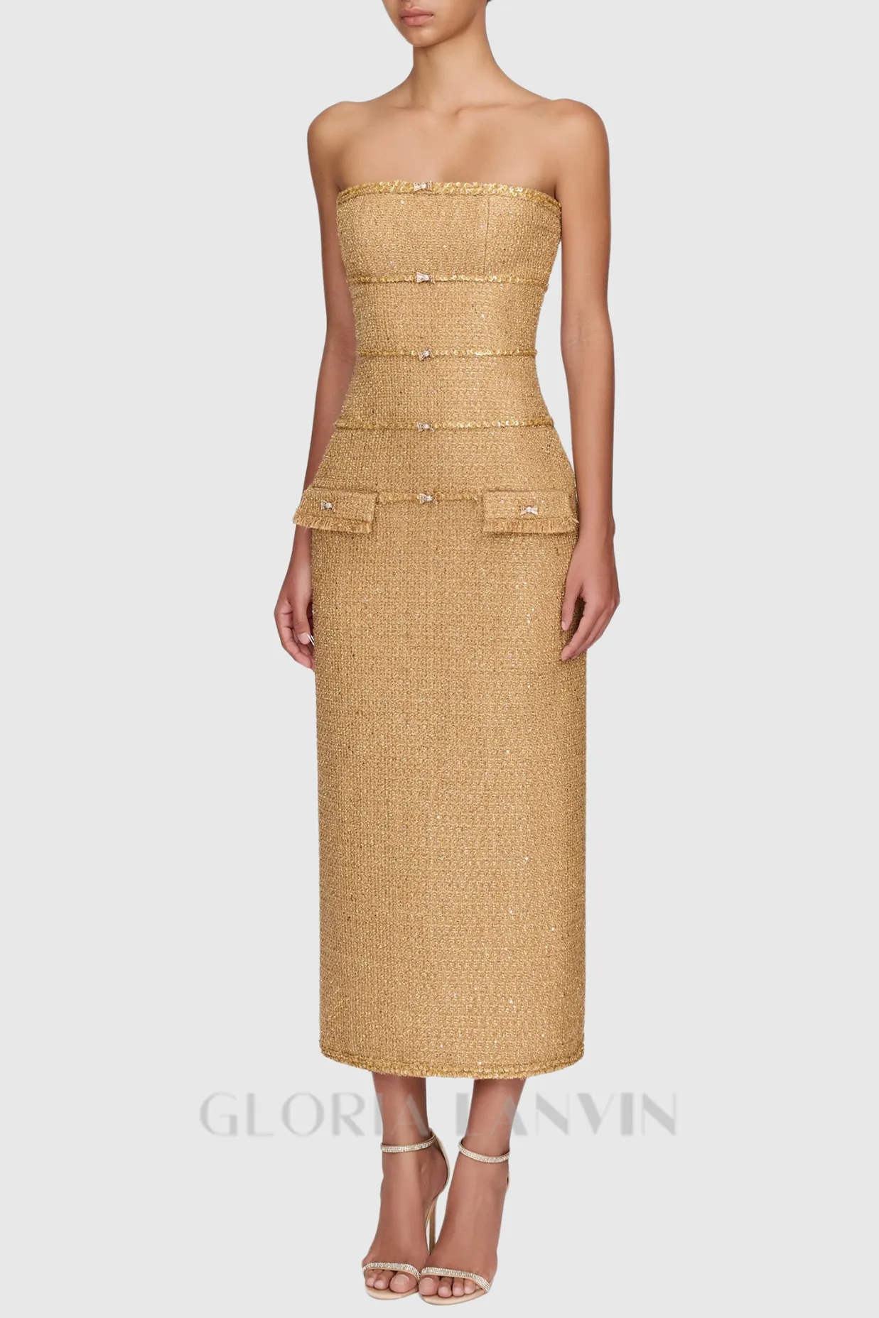 Elborno Gold Embellished Strapless Midi Dress Gloria Lanvin