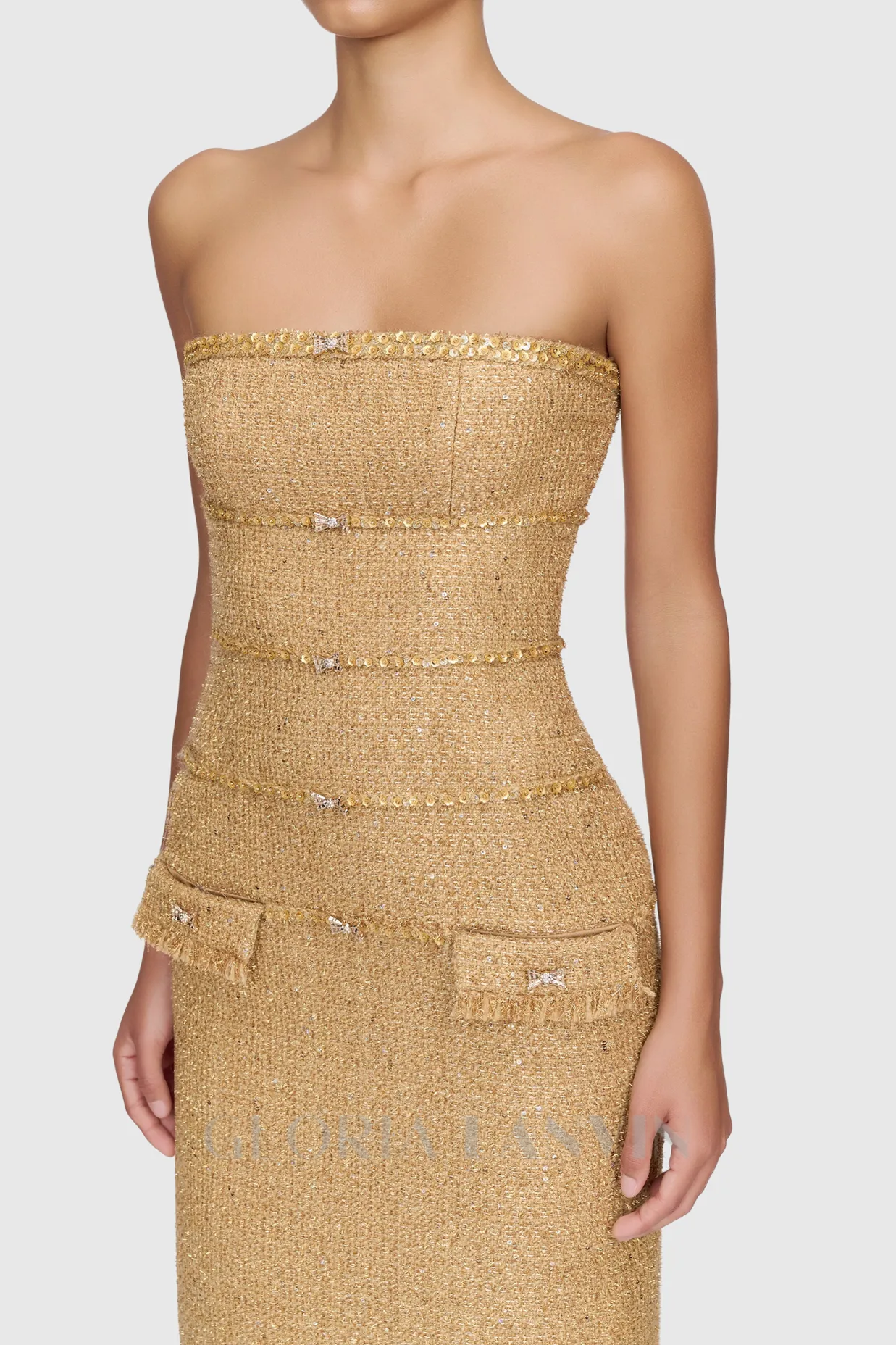 Elborno Gold Embellished Strapless Midi Dress Gloria Lanvin