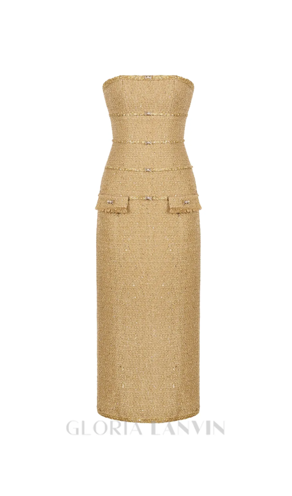 Elborno Gold Embellished Strapless Midi Dress Gloria Lanvin