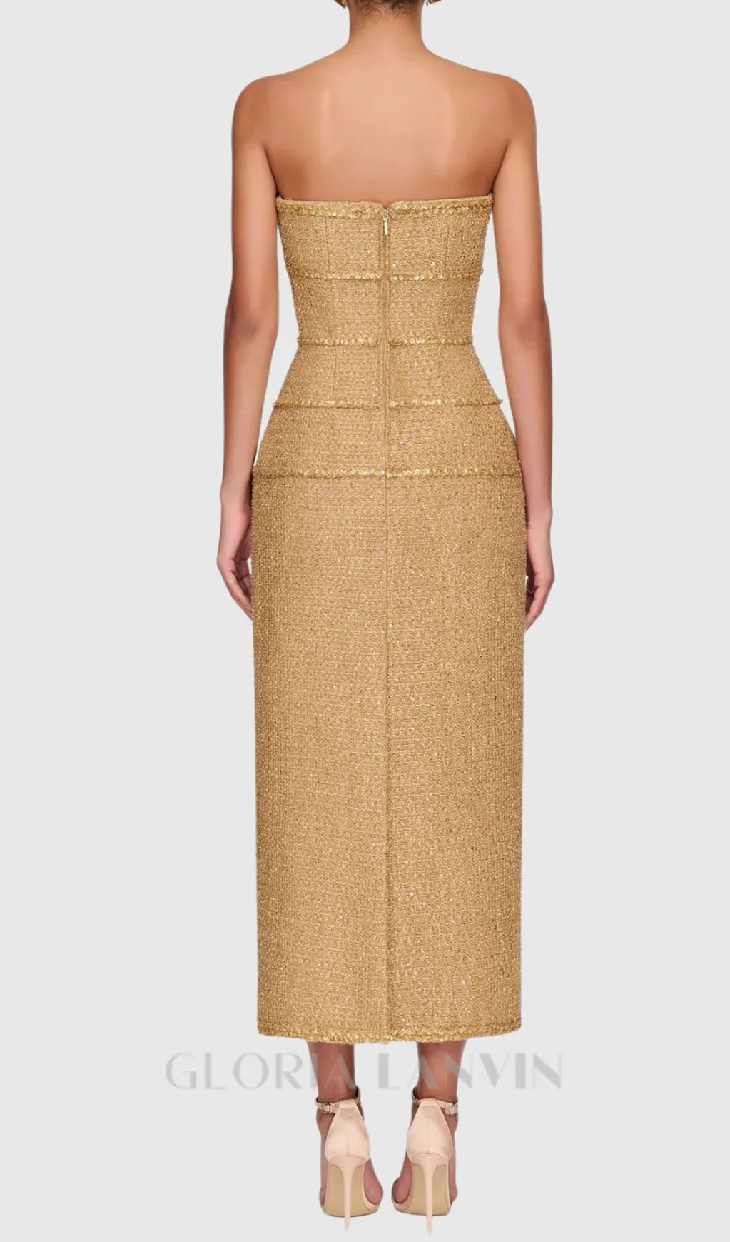Elborno Gold Embellished Strapless Midi Dress Gloria Lanvin