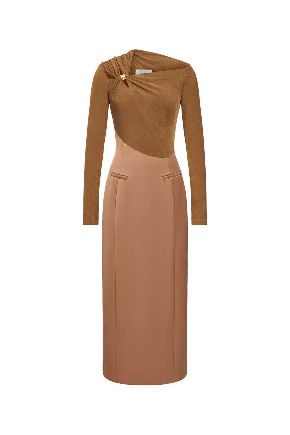 Eleanor Sheath Asymmetric Neck Taffeta Midi Dress in brown Gloria Lanvin