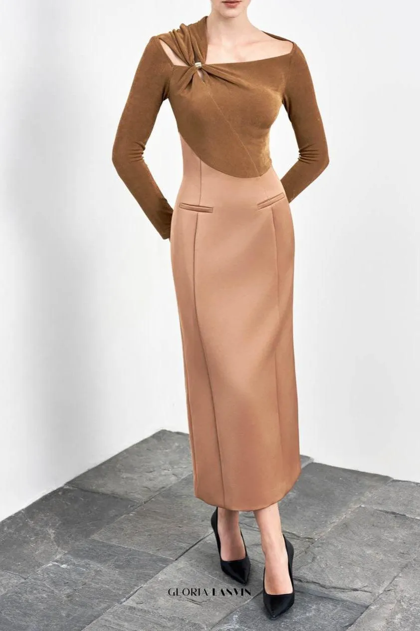Eleanor Sheath Asymmetric Neck Taffeta Midi Dress in brown Gloria Lanvin