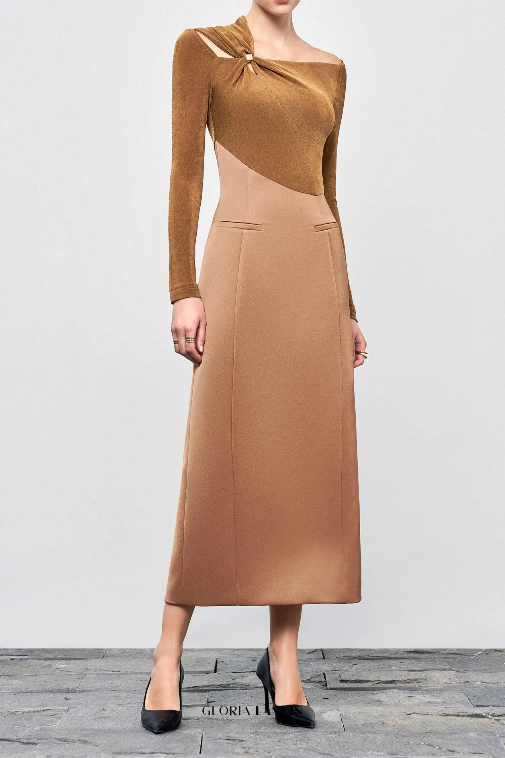 Eleanor Sheath Asymmetric Neck Taffeta Midi Dress in brown Gloria Lanvin