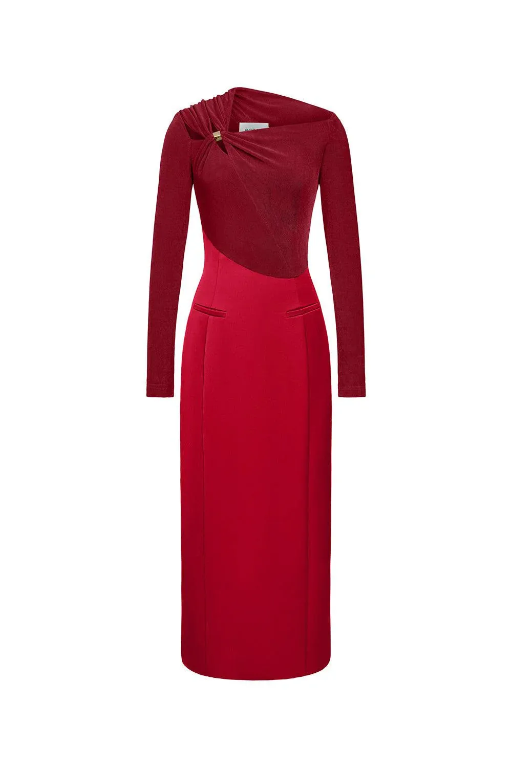 Eleanor Sheath Asymmetric Neck Taffeta Midi Dress in red Gloria Lanvin