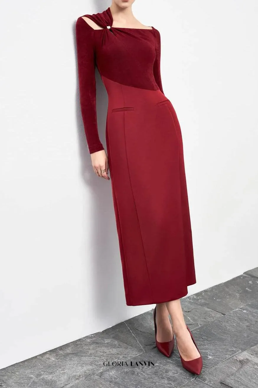 Eleanor Sheath Asymmetric Neck Taffeta Midi Dress in red Gloria Lanvin