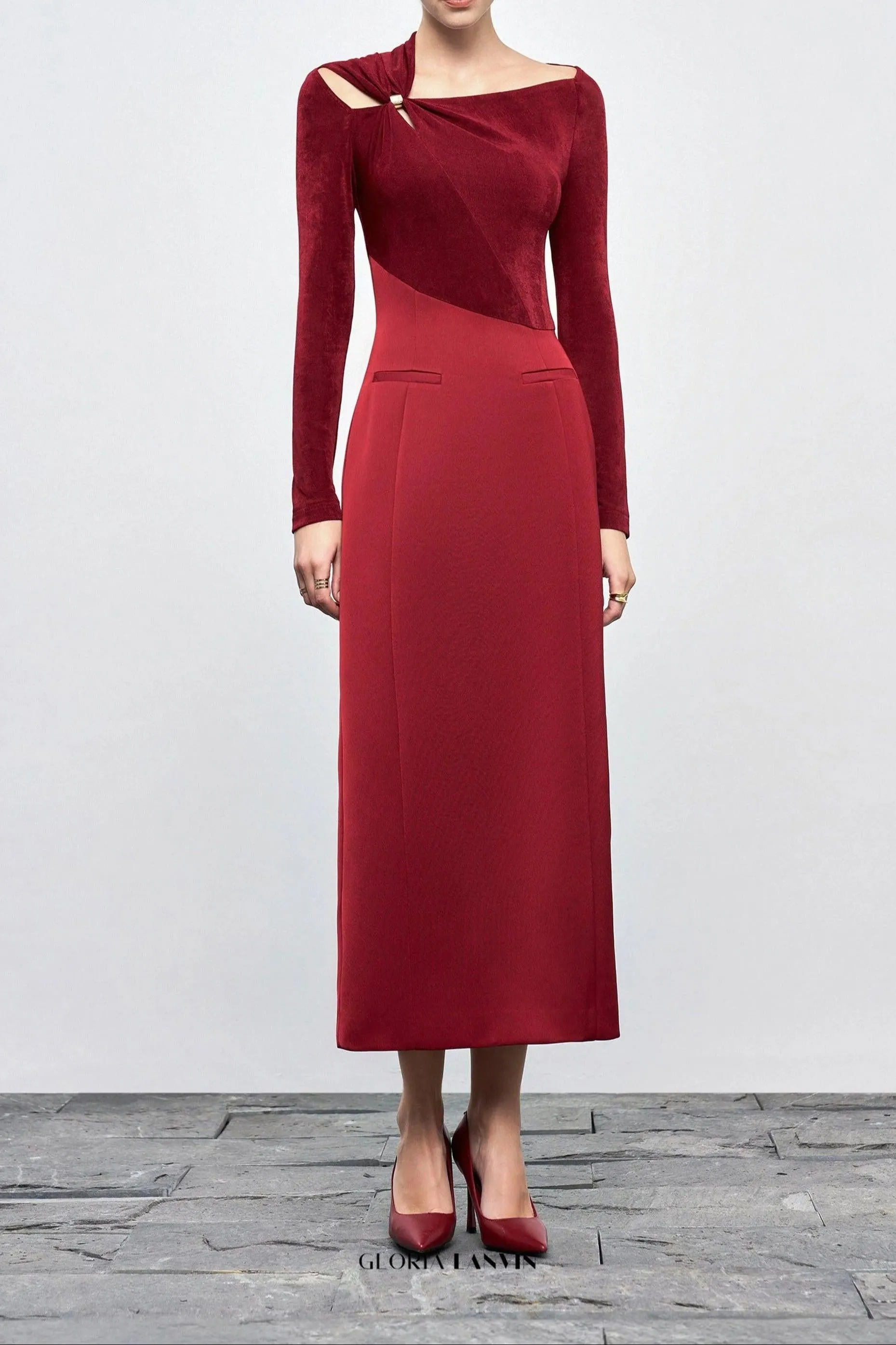 Eleanor Sheath Asymmetric Neck Taffeta Midi Dress in red Gloria Lanvin