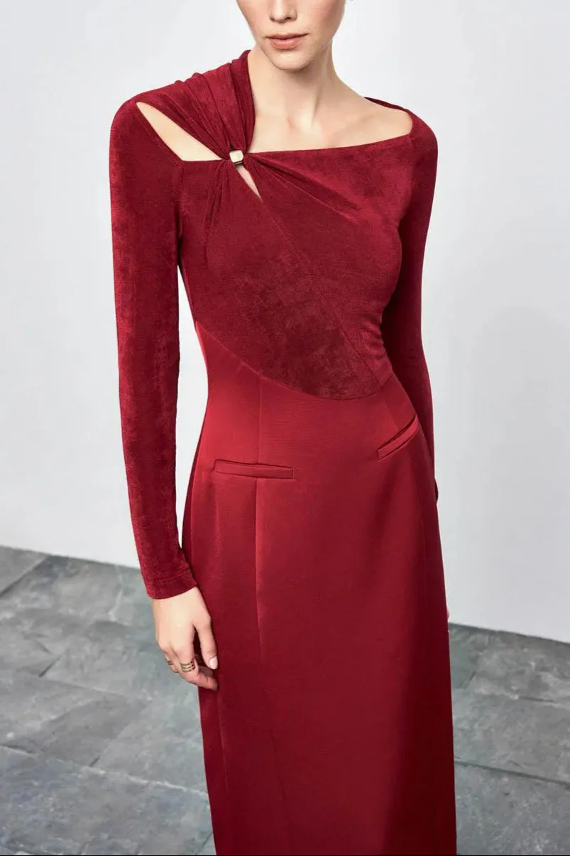 Eleanor Sheath Asymmetric Neck Taffeta Midi Dress in red Gloria Lanvin