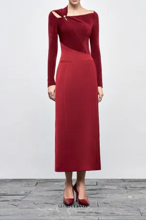 Eleanor Sheath Asymmetric Neck Taffeta Midi Dress in red Gloria Lanvin