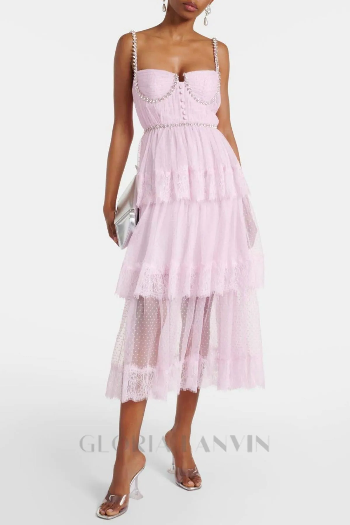 Elgine Crystal-Embellished Lace-trimmed Midi Dress Gloria Lanvin