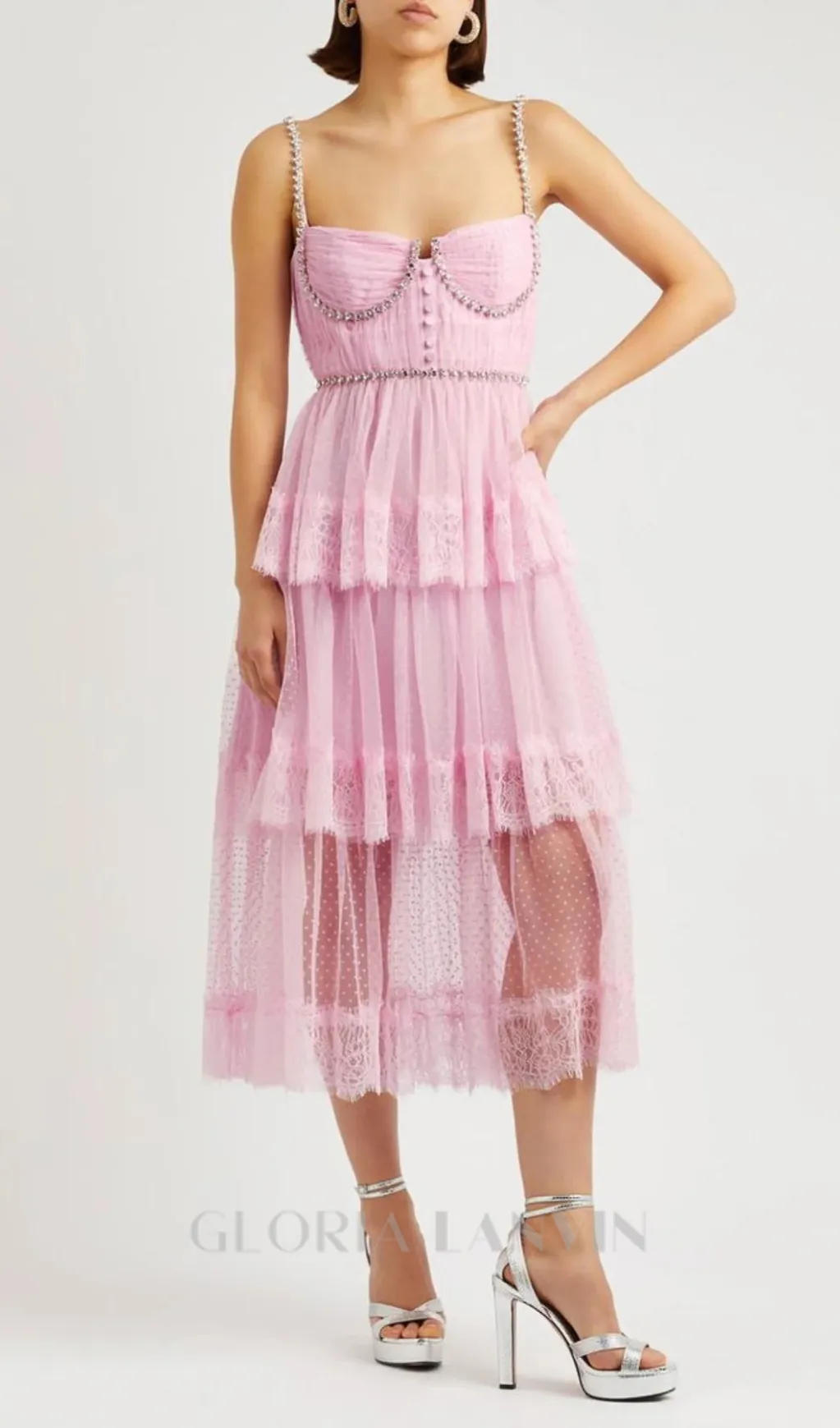 Elgine Crystal-Embellished Lace-trimmed Midi Dress Gloria Lanvin
