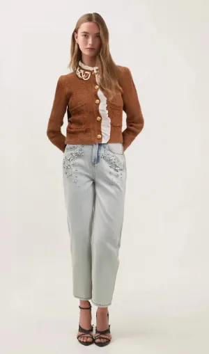 Elisabetta brown embellished ruffled knit cardigan Gloria Lanvin