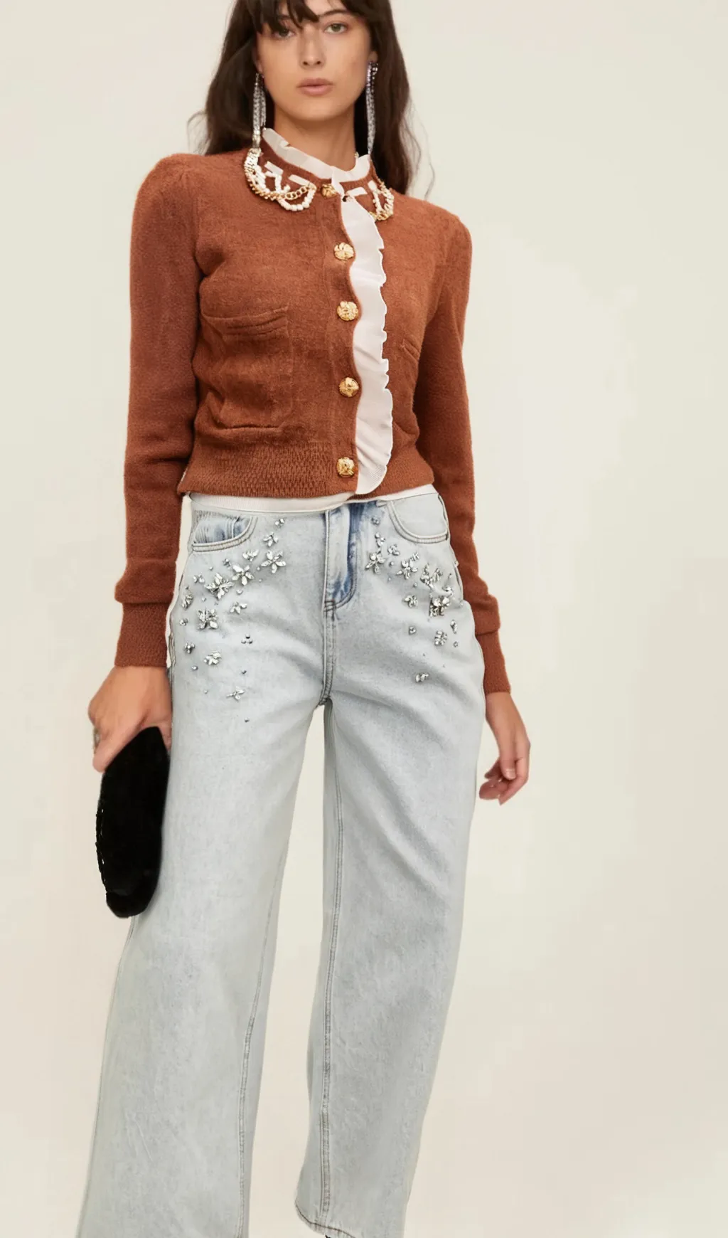 Elisabetta brown embellished ruffled knit cardigan Gloria Lanvin