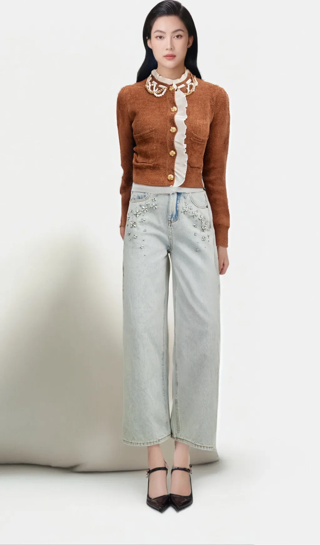 Elisabetta brown embellished ruffled knit cardigan Gloria Lanvin