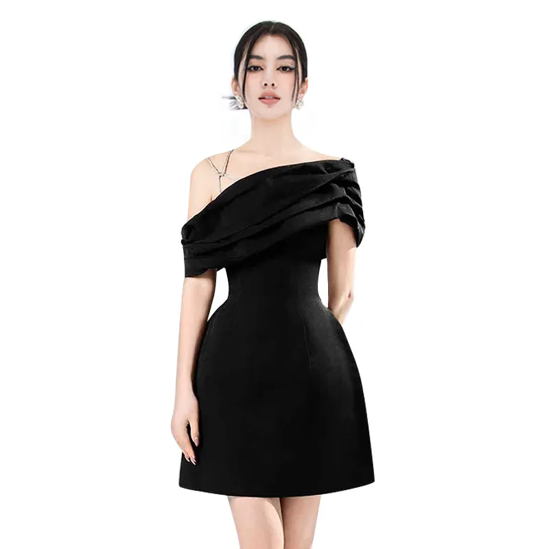 ELLEN ASYMMETRIC NECK TAFFETA MINI DRESS IN BLACK Gloria Lanvin