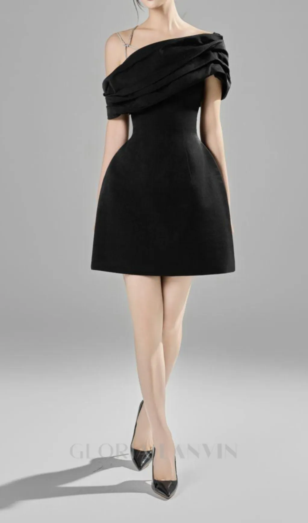 ELLEN ASYMMETRIC NECK TAFFETA MINI DRESS IN BLACK Gloria Lanvin