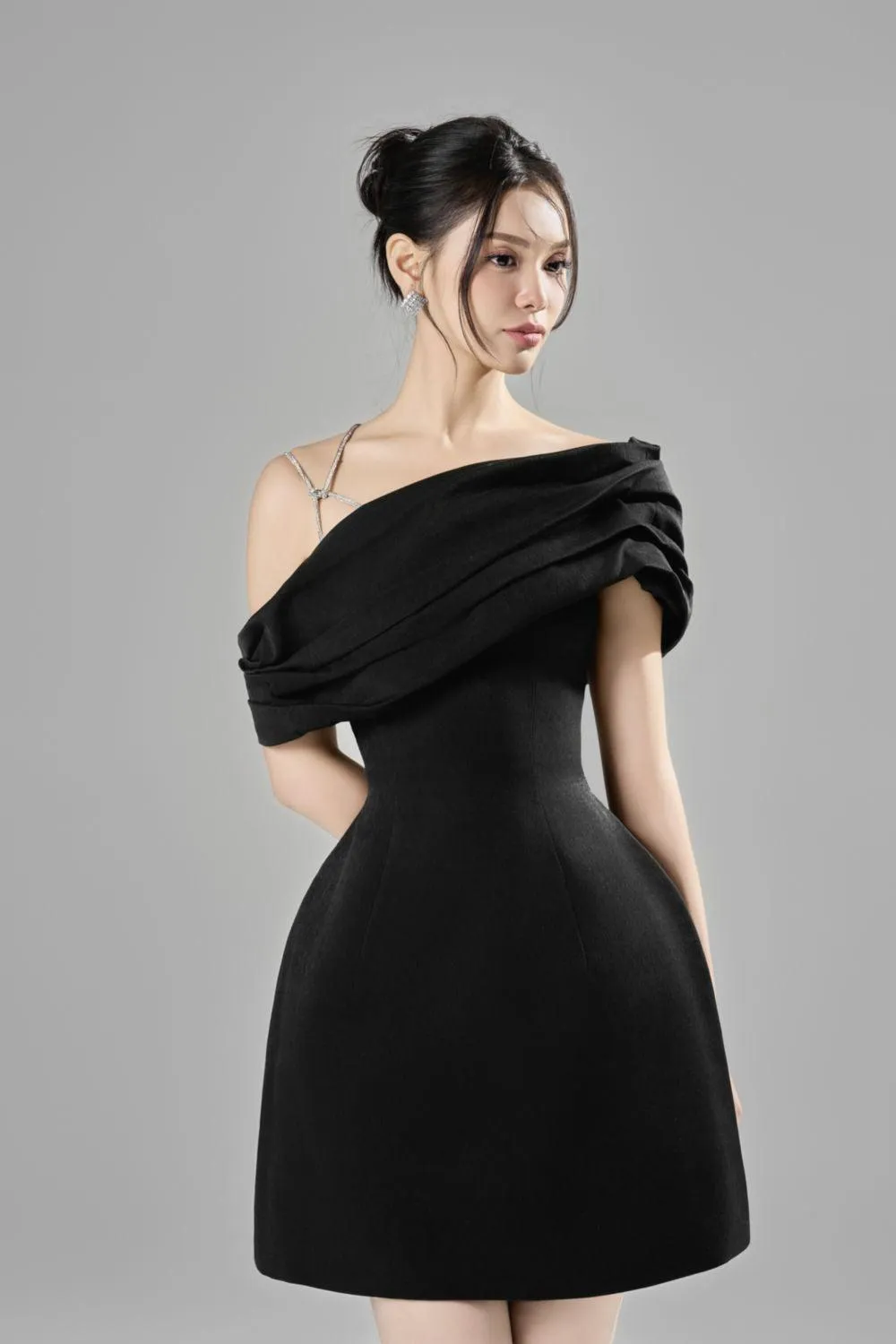 ELLEN ASYMMETRIC NECK TAFFETA MINI DRESS IN BLACK Gloria Lanvin