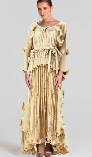 Ellie neutrals gilded ruffled midi dress Gloria Lanvin