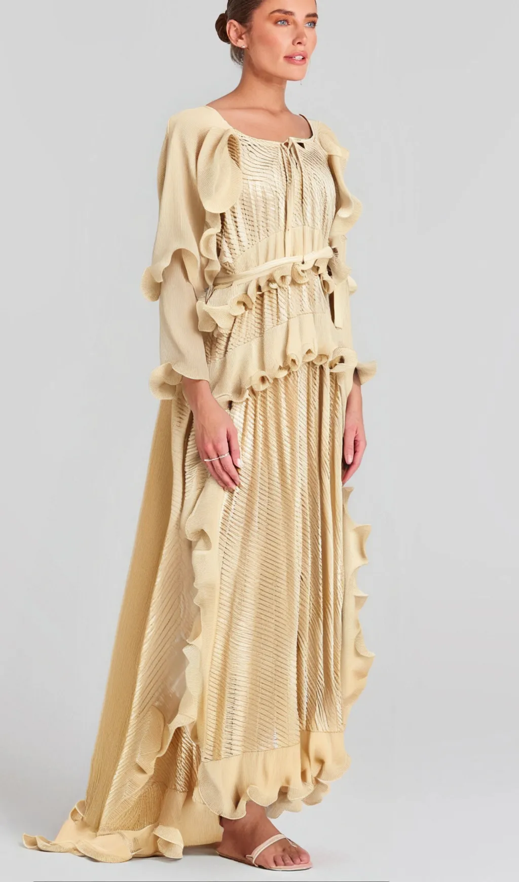 Ellie neutrals gilded ruffled midi dress Gloria Lanvin