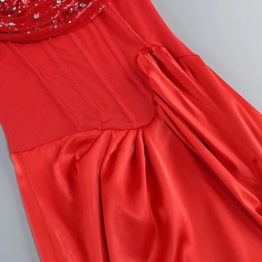 ELMA ONE-SHOULDER CRYSTAL DETAIL HIGH SLIT MAXI DRESS IN RED Gloria Lanvin
