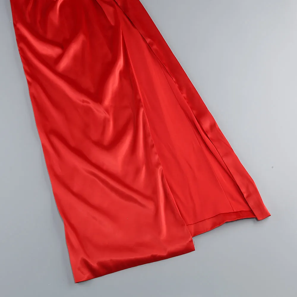 ELMA ONE-SHOULDER CRYSTAL DETAIL HIGH SLIT MAXI DRESS IN RED Gloria Lanvin