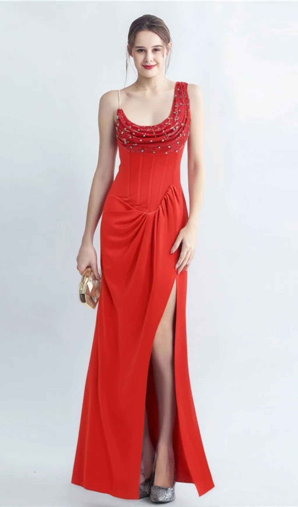 ELMA ONE-SHOULDER CRYSTAL DETAIL HIGH SLIT MAXI DRESS IN RED Gloria Lanvin