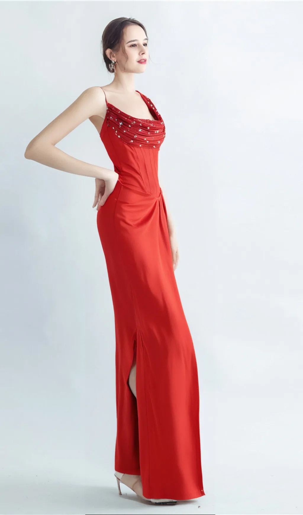 ELMA ONE-SHOULDER CRYSTAL DETAIL HIGH SLIT MAXI DRESS IN RED Gloria Lanvin