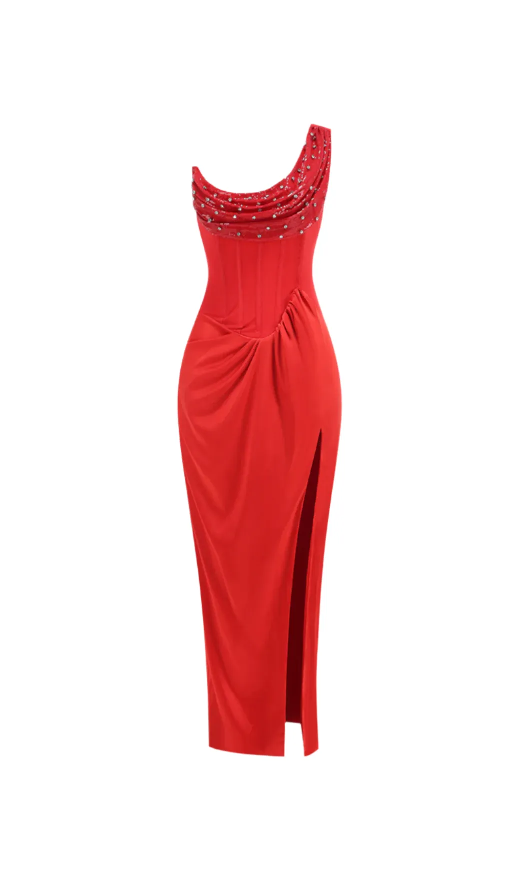 ELMA ONE-SHOULDER CRYSTAL DETAIL HIGH SLIT MAXI DRESS IN RED Gloria Lanvin