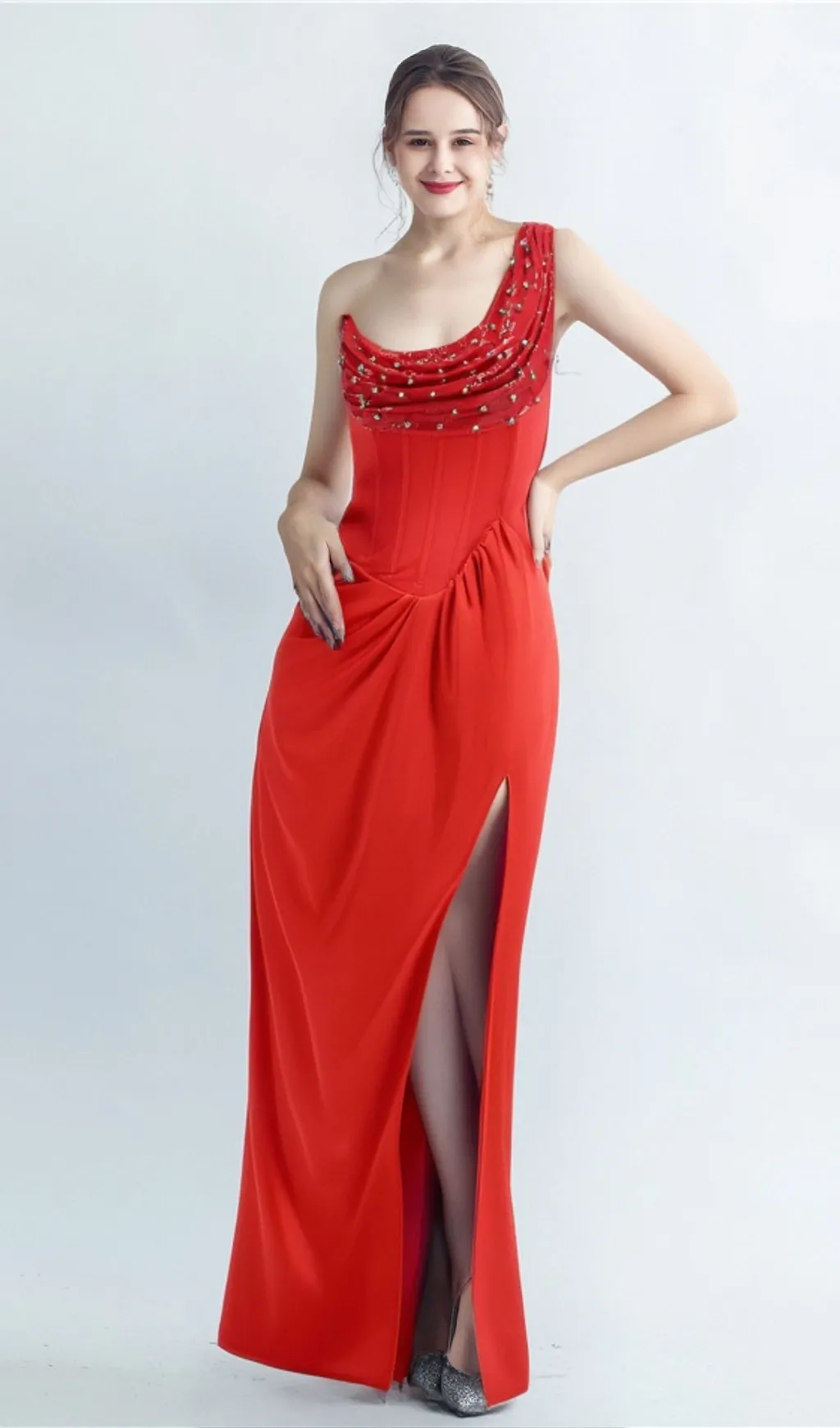 ELMA ONE-SHOULDER CRYSTAL DETAIL HIGH SLIT MAXI DRESS IN RED Gloria Lanvin