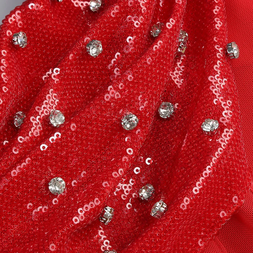ELMA ONE-SHOULDER CRYSTAL DETAIL HIGH SLIT MAXI DRESS IN RED Gloria Lanvin