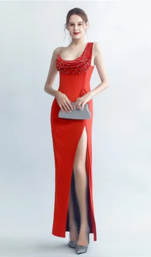 ELMA ONE-SHOULDER CRYSTAL DETAIL HIGH SLIT MAXI DRESS IN RED Gloria Lanvin