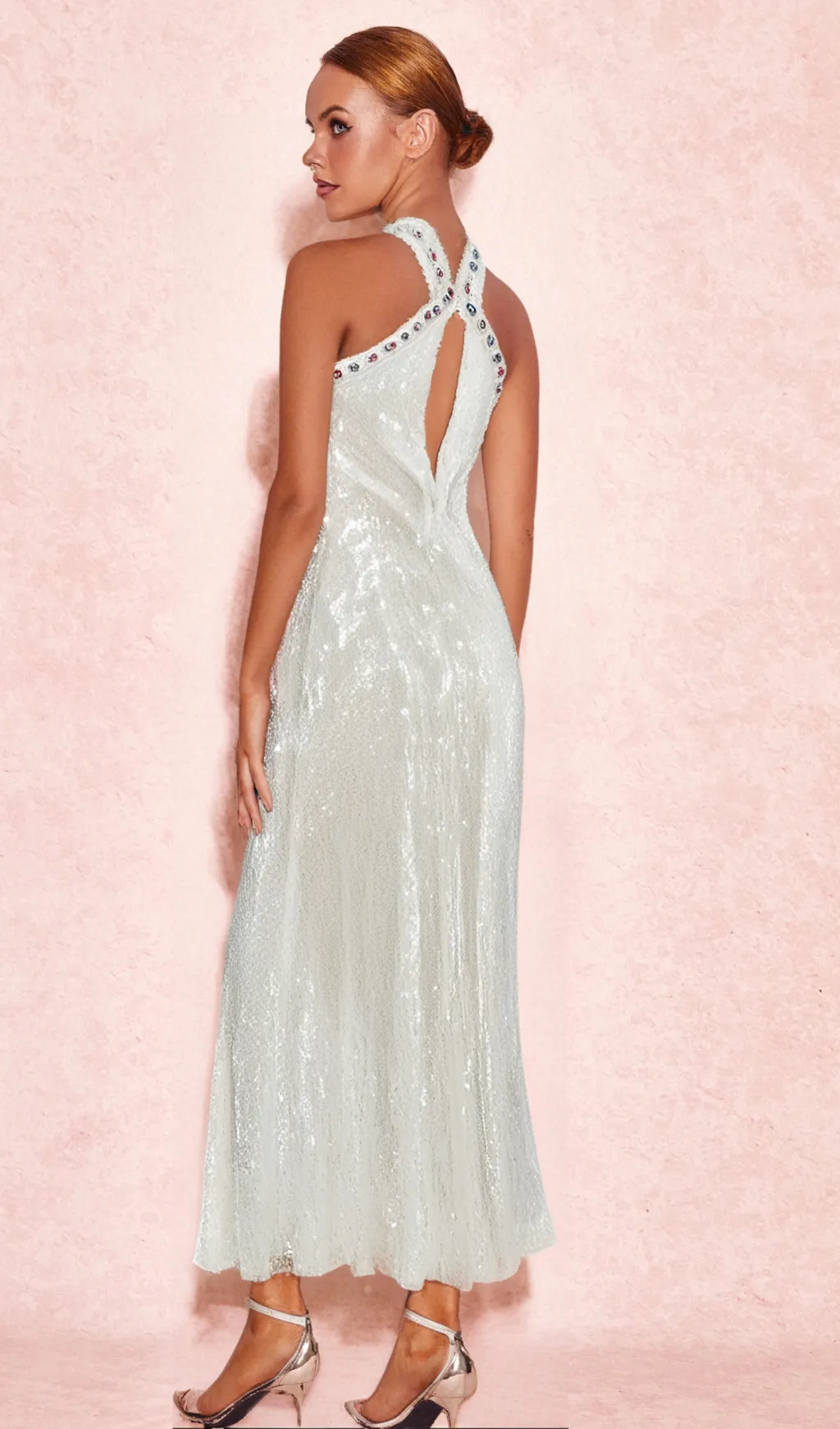 ELSA CRYSTAL EMBELLISHED SEQUIN MAXI DRESS IN WHITE Gloria Lanvin