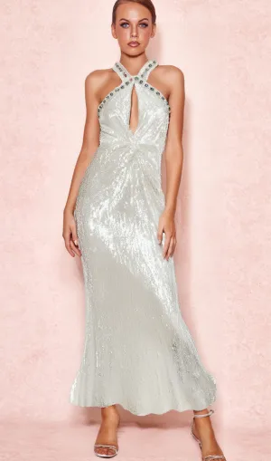 ELSA CRYSTAL EMBELLISHED SEQUIN MAXI DRESS IN WHITE Gloria Lanvin