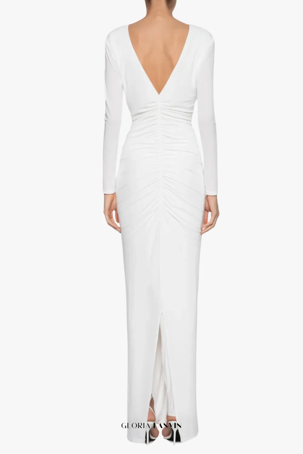 elsa V Neck Flower Ruched maxi Dress in white Gloria Lanvin