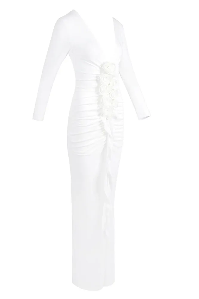 elsa V Neck Flower Ruched maxi Dress in white Gloria Lanvin