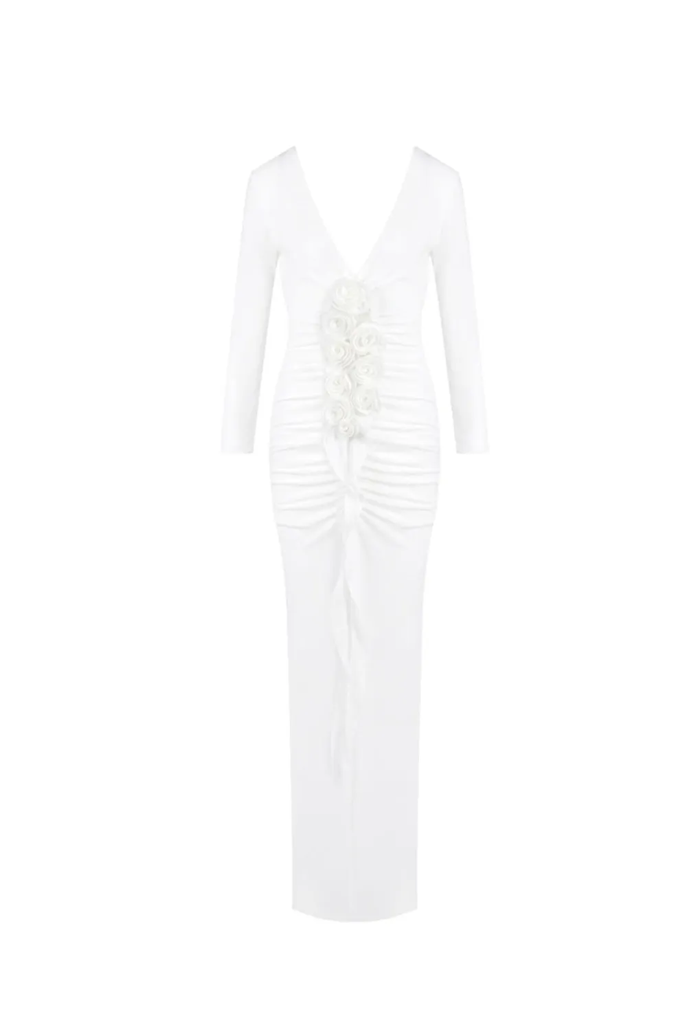 elsa V Neck Flower Ruched maxi Dress in white Gloria Lanvin