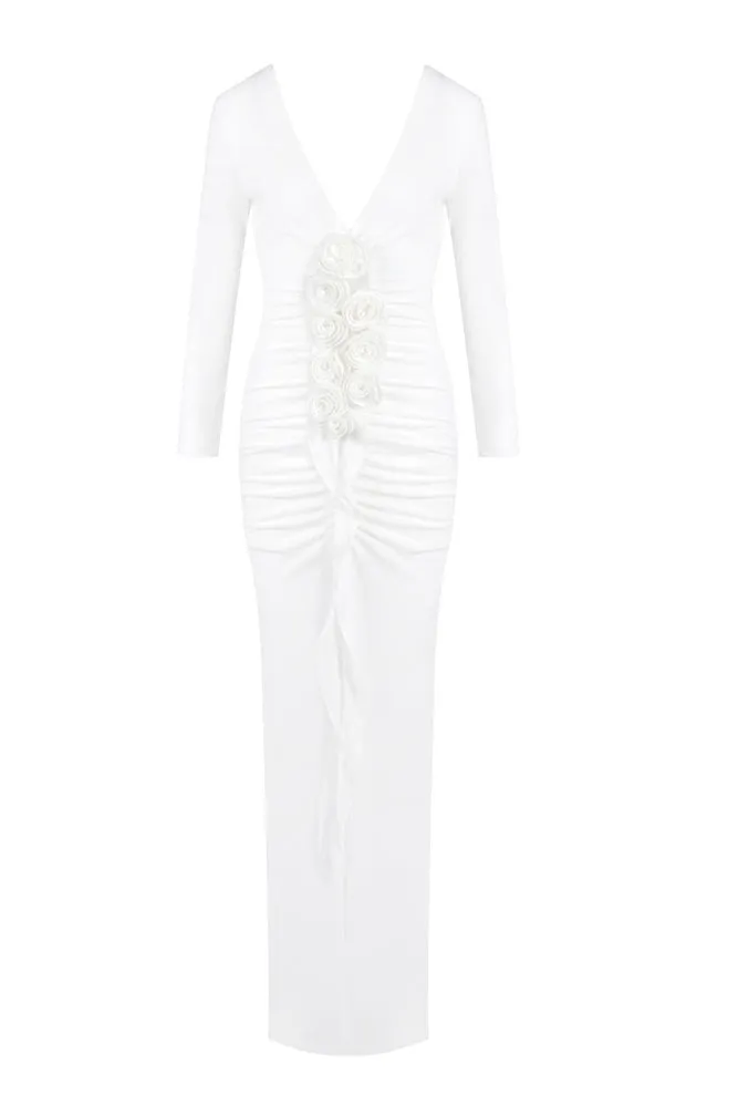 elsa V Neck Flower Ruched maxi Dress in white Gloria Lanvin