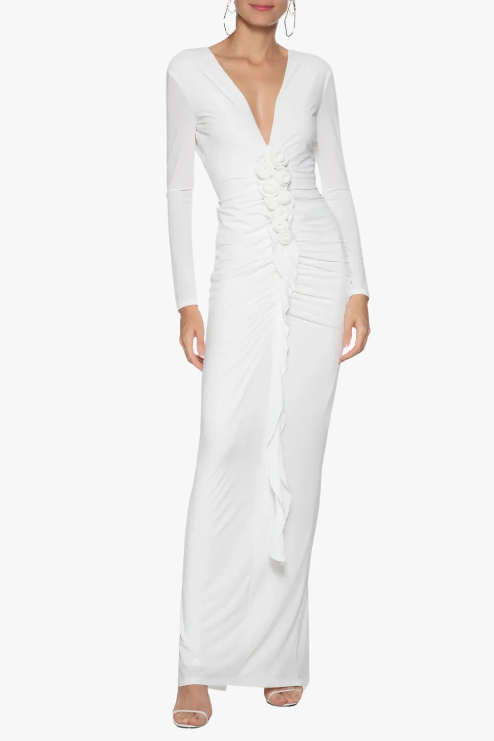 elsa V Neck Flower Ruched maxi Dress in white Gloria Lanvin