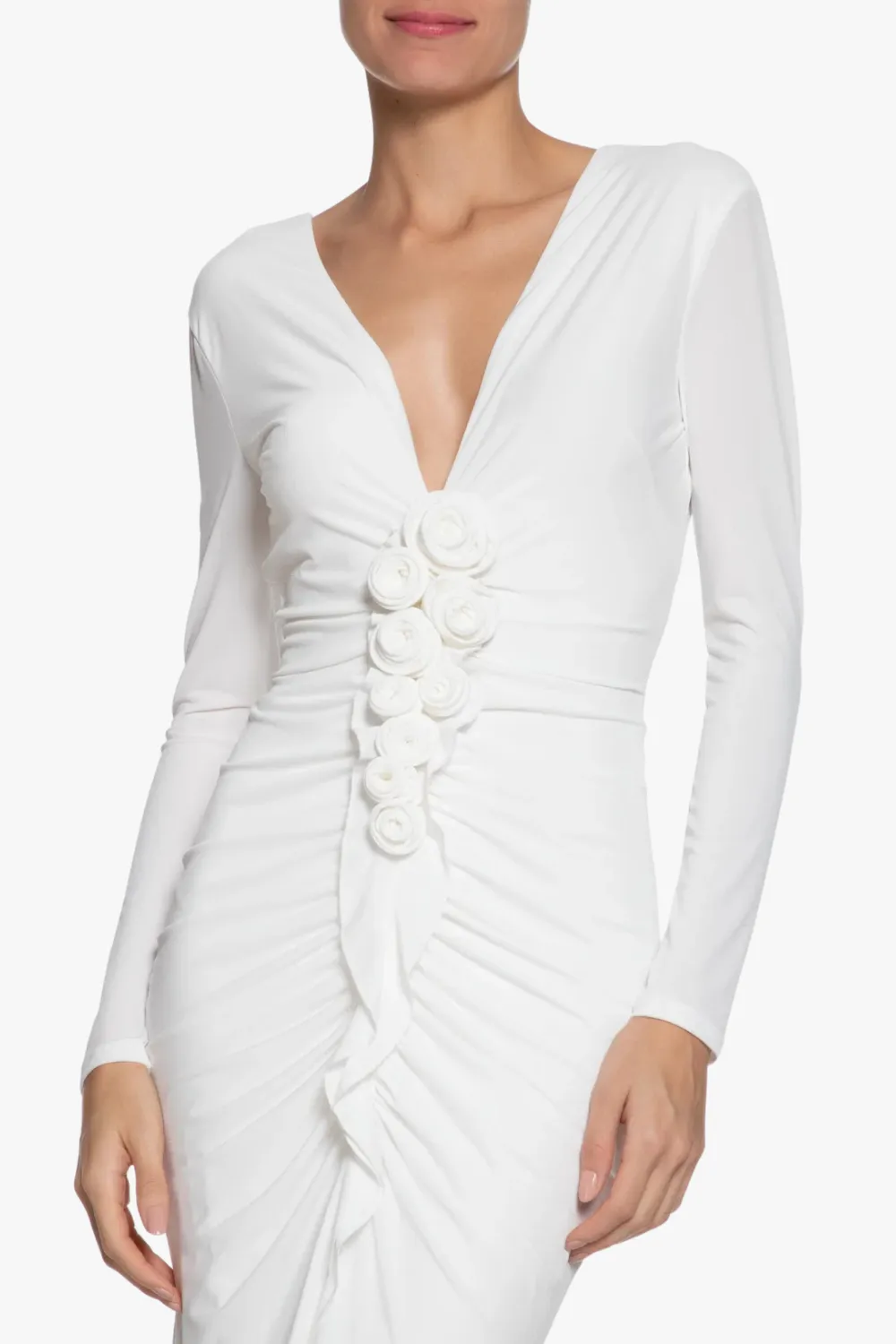 elsa V Neck Flower Ruched maxi Dress in white Gloria Lanvin