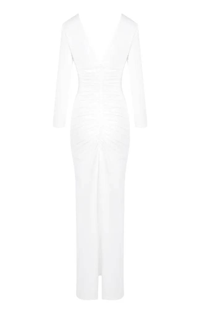 elsa V Neck Flower Ruched maxi Dress in white Gloria Lanvin
